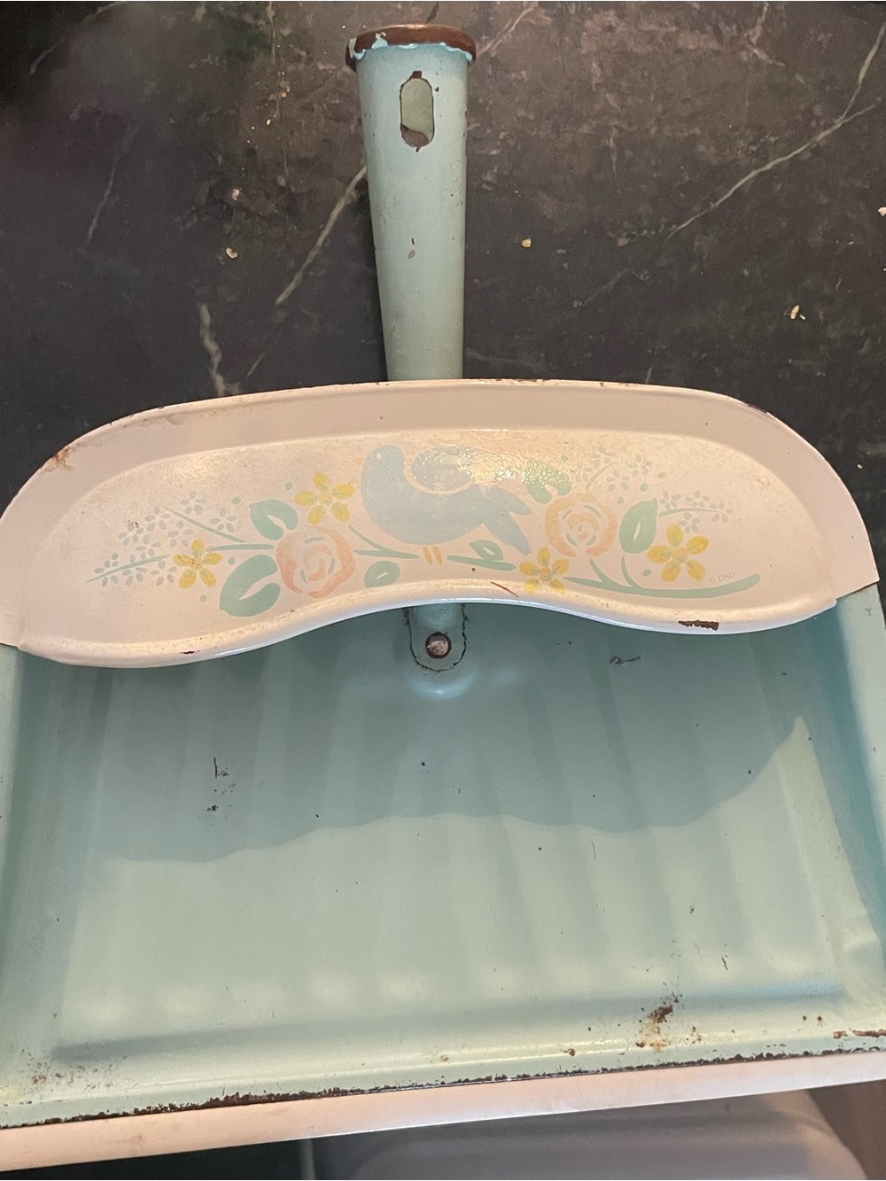 Vintage Metal Dustpan Blue Bird Floral Farmhouse Cottage Decor Made in USA